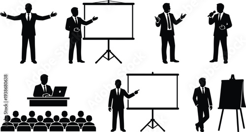 Professional businessman silhouette set featuring male executives leading presentations speaking at conferences teaching seminars and leading corporate workshops with charts and display boards