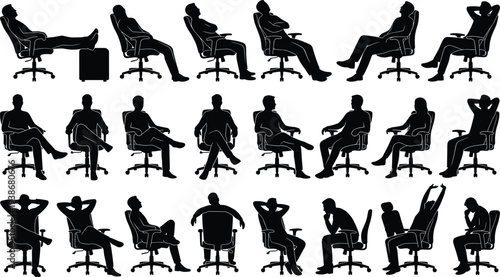 Professional businessman silhouette set featuring male executives sitting in office chairs in various poses including working resting thinking collaborating and relaxing at desk