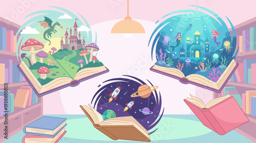 Children exploring fantastical worlds inside giant open books in a library setting