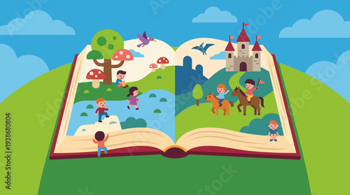 A child is planting a book in a landscape, a flat vector illustration of a storybook scene.