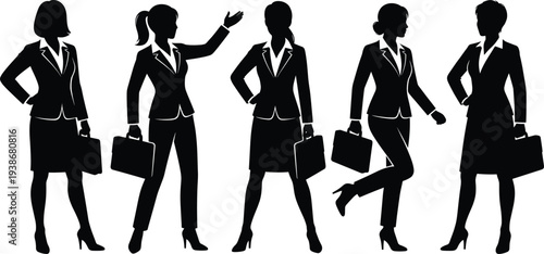 Professional businesswoman silhouette set featuring female executives in formal suits carrying briefcases representing leadership career success corporate empowerment and workplace diversity profile