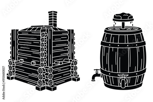 Traditional Log Sauna and Wooden Barrel