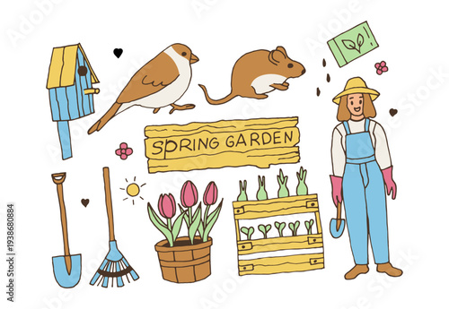 A set of cute brightly colored doodle elements Spring Garden on the theme of gardening. Hand-drawn vector clipart isolated on a white background.