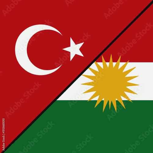 Burning Turkey and Kurdistan federal state Official Symbol Side by Side. National Flag Combination Image. Close Up Sign. Close-Up International Relations Concept Illustration conflict by Fire
