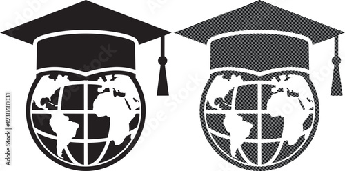 Graduation caps atop globes symbolizing global education and academic achievement