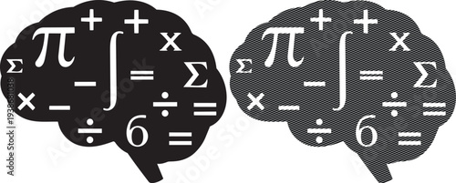 Mathematical equations creatively integrated into brain illustrations to symbolize learning and cognition