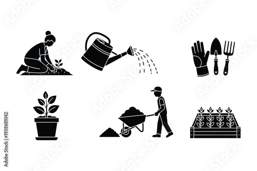 Gardening Activities and Tools Icon Set
