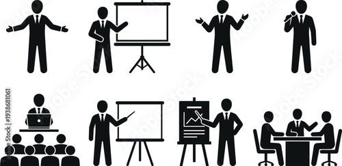 Business presentation icon set featuring professional silhouettes of executives presenting charts leading meetings speaking at conferences and collaborating in formal corporate workshop environments