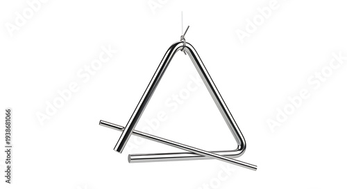 A close-up view of a shiny metal triangle musical instrument with a stick