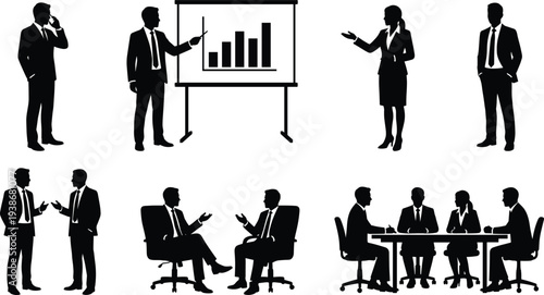 Business presentation and meeting icon set featuring professional silhouettes of executives presenting charts collaborating in discussions and corporate leadership teams sitting at conference table