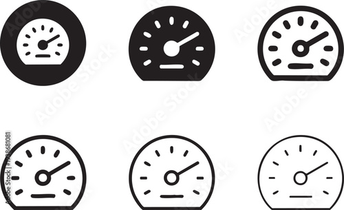 Set of speedometer icons representing speed and performance in various styles for automotive or technology applications isolated on white