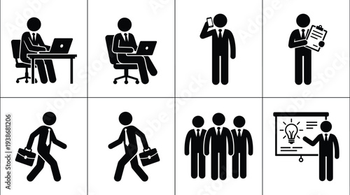 Business professional silhouette set featuring male executives working at desks using laptops speaking on phones carrying briefcases leading teams and presenting new ideas