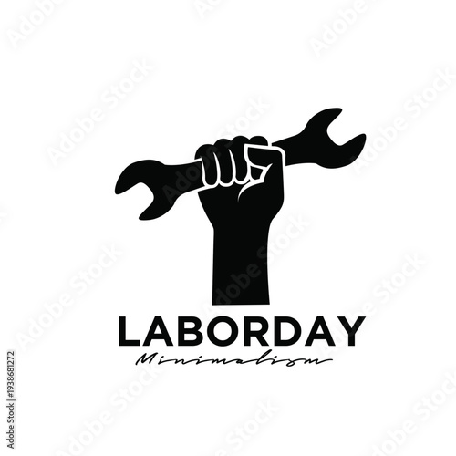 Labor Day Minimalist Black Silhouette: Raised Fist Holding a Wrench, Symbolizing Worker Power and Industrial Solidarity