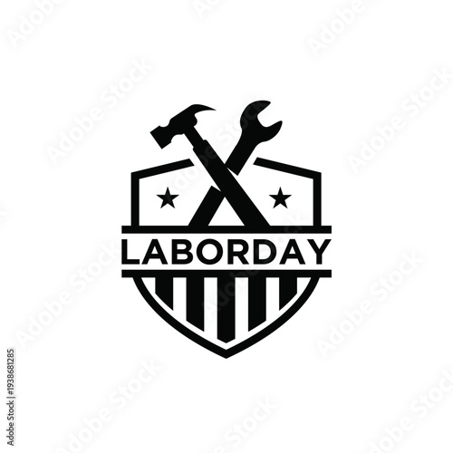 Labor Day Emblem with Crossed Hammer and Wrench Tools in a Shield Design