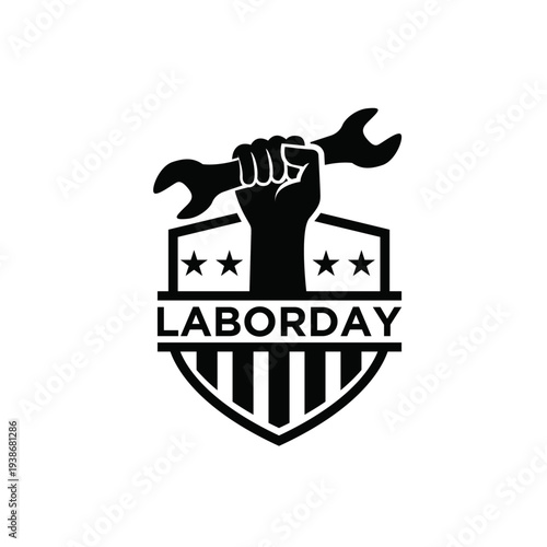 Labor Day Emblem with Worker's Fist Holding Wrench and Shield Design