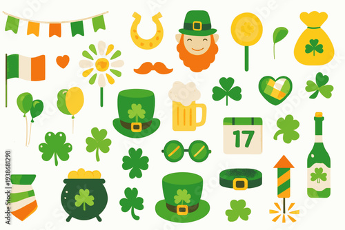 A large set of flat icons for Saint Patrick s Day A set of illustrations for a party, invitation, postcard, ads or banner. Vector clipart with images of beer, rainbow, gnome, beard, coins, hat, clover