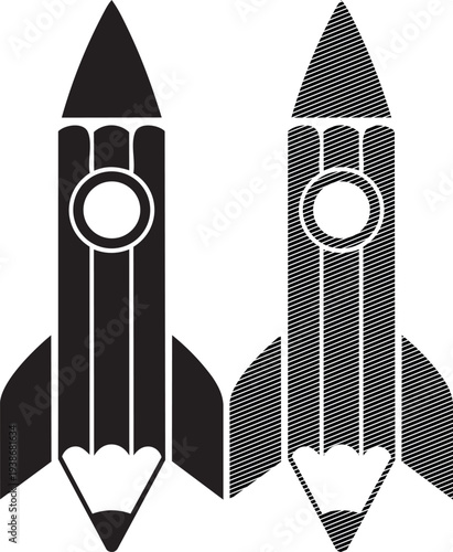 Two stylized rockets designed with pencil-like features and intricate patterns