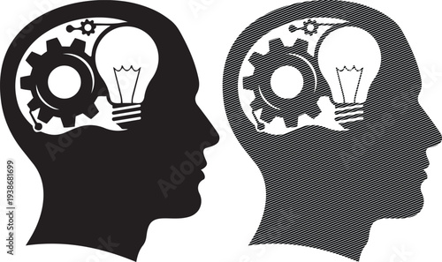 Contrast of human thought and mechanical processing in the brain silhouette illustration