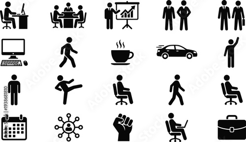 Professional business icon set featuring silhouettes of office workers sitting at desks attending meetings presenting charts walking with briefcases and modern workplace symbols