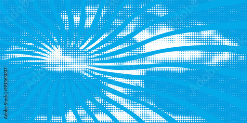 Pop art halftone background. Comic starburst pattern. Blue banner with star speech bubble. Vintage duotone texture. Gradient wow design. Cartoon superhero print. Vector illustration.