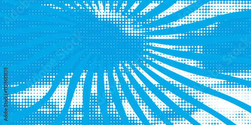 Pop art halftone background. Comic starburst pattern. Blue banner with star speech bubble. Vintage duotone texture. Gradient wow design. Cartoon superhero print. Vector illustration.