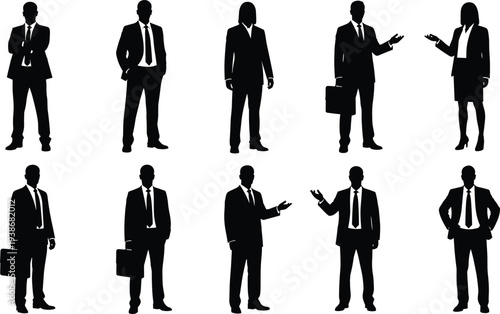 Professional business silhouette set featuring diverse male and female executives standing in formal suits for corporate leadership teamwork management and successful career growth