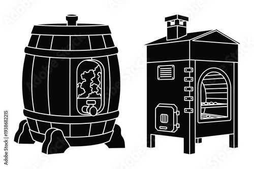 Wooden Barrel and Industrial Oven Icons