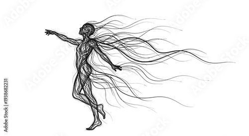 Woman with long flowing hair dancing.
