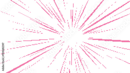 Pink pixel ray explosion spreading from bright center abstract digital motion pattern with scattered geometric blocks forming vibrant futuristic graphic on white background