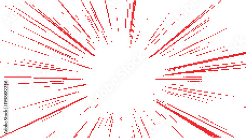 Abstract red pixel burst radiating from center on white background, dynamic digital explosion pattern with scattered blocks creating energetic motio,n futuristic minimal geometric tech style