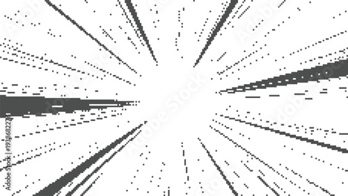 Monochrome pixel ray explosion spreading outward from a bright center, minimal black and gray geometric digital pattern creating fast motion perspective on clean white background