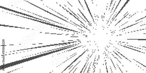 Gray pixel starburst pattern expanding from a central point, creating a futuristic motion effect, abstract digital geometry lines scattered across clean white background