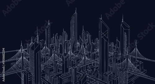 Cityscape with skyscrapers and bridges.