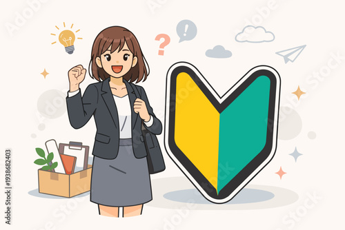 Cheerful young woman in business suit starting a new career with Shoshinsha beginner mark, office supplies box, and lightbulb idea icon. Concept of new hire, graduate, and job newcomer motivation.