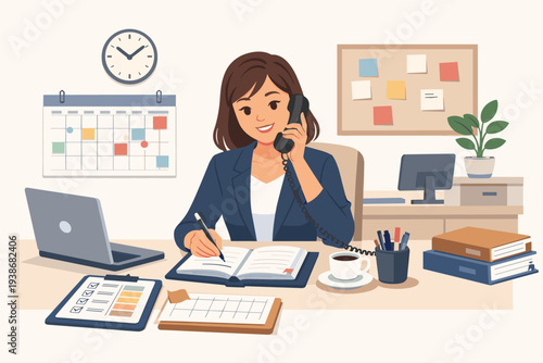 Professional female office administrator or secretary working at a desk, talking on the phone and writing in a notebook, with a laptop, calendar, clock, and coffee, flat vector illustration art.