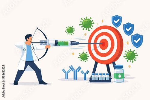 Medical doctor shooting a syringe arrow at a bullseye target for COVID-19 vaccine success, representing immunization, antibody production, and protection against coronavirus pandemic infection.