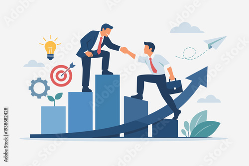 Business Mentor Coaching and Leadership Support for Career Growth and Success. Professional Businessman Helping Partner Climb Bar Chart Arrow. Teamwork, Guidance, and Strategic Development.