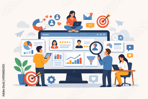 Customer Relationship Management CRM Software Illustration with Team Analyzing Client Data, Marketing Strategy, Social Media Engagement, Sales Funnel, and Business Growth Analytics Dashboard.