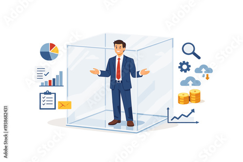 Businessman standing inside a transparent glass box representing corporate transparency, integrity, and honesty in business operations, financial data management, and ethical transactions.