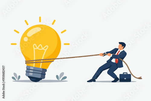 Businessman pulling a giant glowing light bulb with a rope, representing a big business idea, innovation, and the hard work and effort needed for inspiration to start a new creative startup.