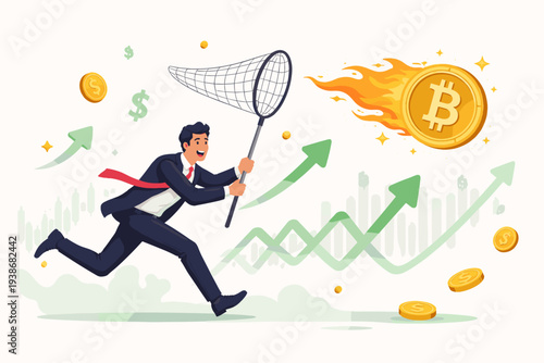Businessman Chasing a Flaming Bitcoin with a Net in a Bull Market, Concept of Greedy Speculation, High Performance Cryptocurrency Trading, Financial Investment Success and Market Growth Vector.