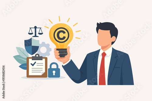 Intellectual Property Protection Concept with Businessman Holding Lightbulb with Copyright Symbol, Legal Rights, Patent, Trademark, Innovation, Justice Scale, Shield, and Security Icons.