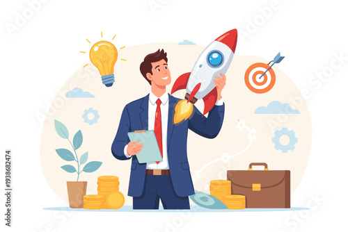 Businessman launching a rocket as a metaphor for a startup project, entrepreneur starting a new business venture with creative ideas, financial success, goal achievement, and innovation concept.