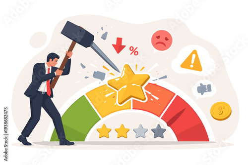 Businessman Smashing a Gold Star on a Credit Rating Meter with a Sledgehammer, Representing a Downgrade in Credit Score, Financial Loss, Negative Feedback, and Decreased Reputation or Trust.