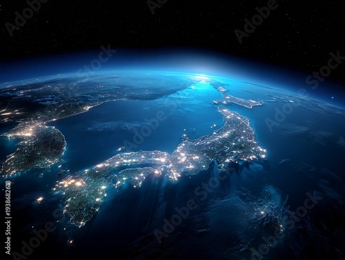 宇宙から見た夜の地球の輝きと光り輝く日本列島をハイアングルから捉えた美しい空撮写真