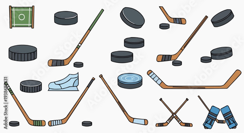A collection of hockey pucks and sticks displayed together with equipment on a surface