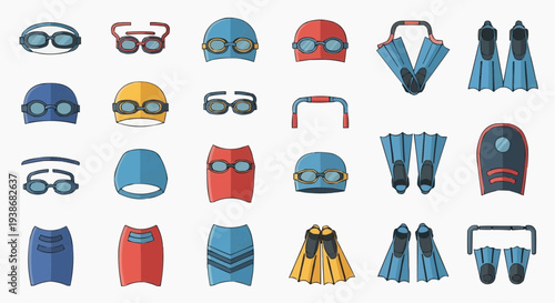 Swim gear icons including goggles and swim caps arranged neatly 
