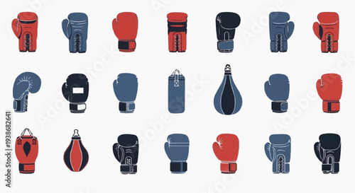 Boxing gloves and punching bags arrangement with different styles and colors
