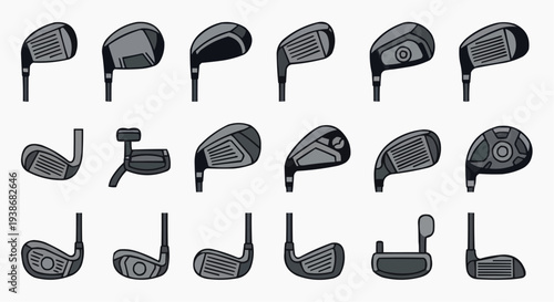 An assortment of different golf clubs arranged in rows, showcasing their distinct head shapes and designs