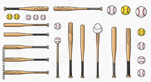 Baseball bats and baseballs, set isolated on a graphic resource. The image showcases wooden bats with different designs alongside a variety of baseballs and a softball. 